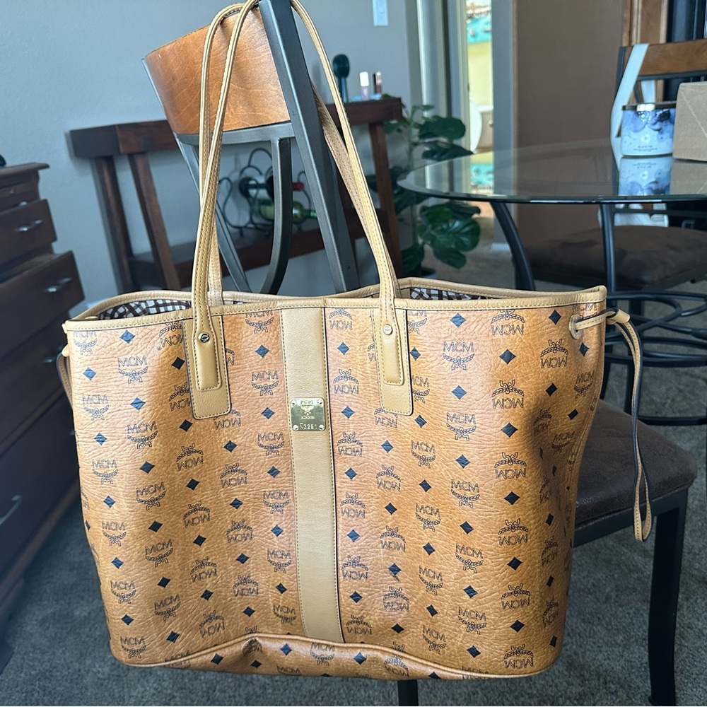 MCM Visetos Large Coated Canvas Project Reversible
Shopper Tote Cognac